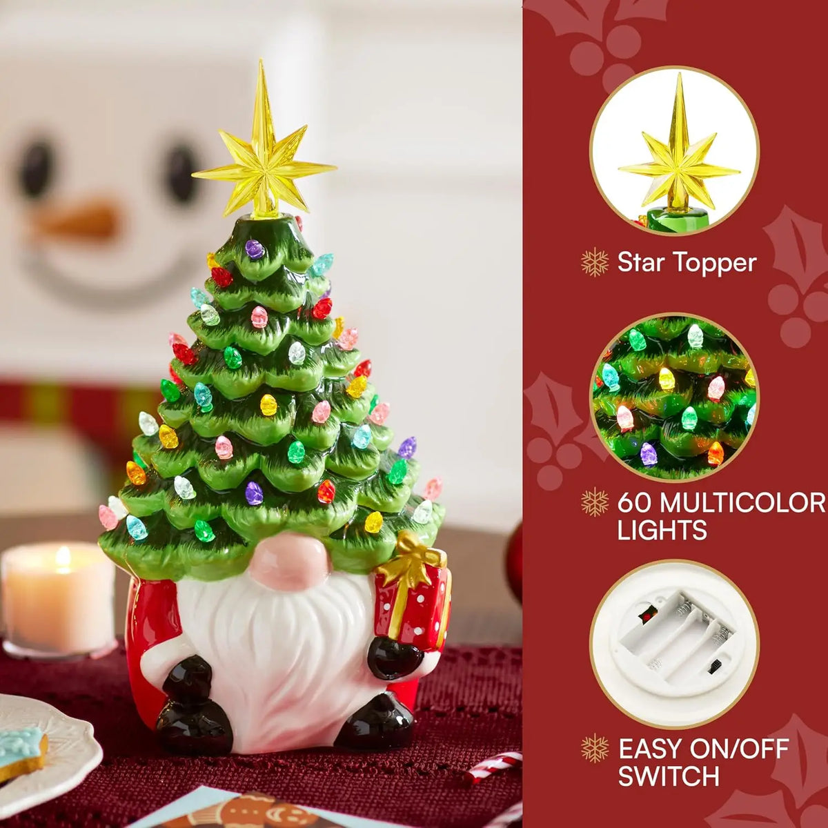 12” Gnome Ceramic Tree Light up Tabletop Xmas Decor with 60 LED Lights Ceramic Tree with Christmas Themed Design Xmas Holiday Indoor Office Table Fireplace Decoration