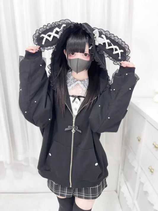 CHUJIECN Women's Japanese Kawaii Bunny Ear Hoodie with Lace and Zipper