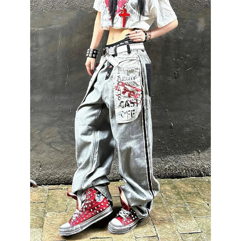 Women's Gothic Y2k Baggy Denim Jeans - Grey Distressed Wash