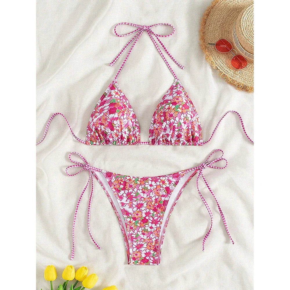 Swimsuit 2025 Female Micro Bikini Women Swimwear Summer Beachwear Women's Bathing Suit Floral Print Neck Halter Thong Bikini Set SS69 17.69 Red Floral / S