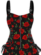 Dressfo 2025 Women's Dresses Allover Rose Print Half Zipper Lace Up Valentine's Day Mini Dress Summer Sleeveless Dress