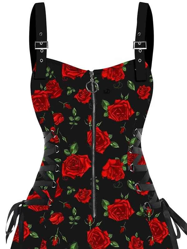 Dressfo 2025 Women's Dresses Allover Rose Print Half Zipper Lace Up Valentine's Day Mini Dress Summer Sleeveless Dress