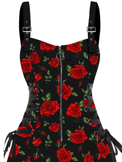 Dressfo 2025 Women's Dresses Allover Rose Print Half Zipper Lace Up Valentine's Day Mini Dress Summer Sleeveless Dress