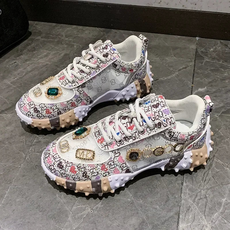 Women's Casual Sneakers Fashion Luxury Rhinestone Ladies Shoes 2024 New Outdoor Platform Female Sports Shoes Vulcanized Shoes SS69 27.69 White / 35