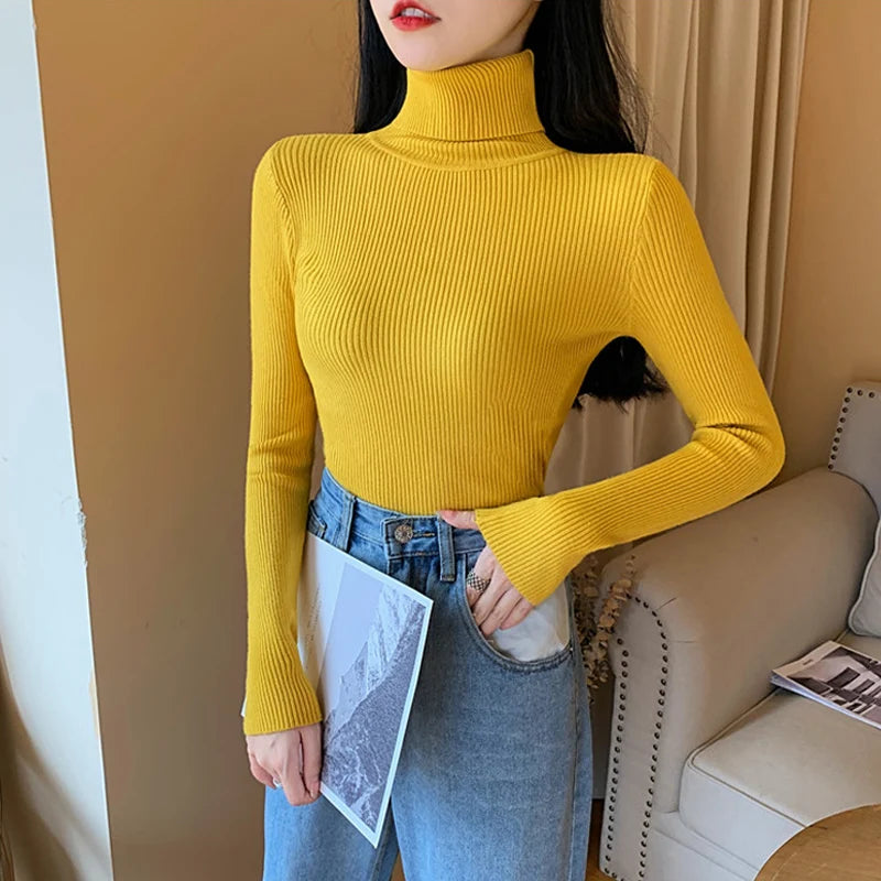 2025 Autumn Winter Women Long Sleeve Knitted Foldover Turtleneck Ribbed Pull Sweater Soft Warm Femme Jumper Pullover Clothes SS69 13.69 One Size / yellow
