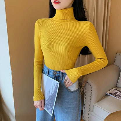 2025 Autumn Winter Women Long Sleeve Knitted Foldover Turtleneck Ribbed Pull Sweater Soft Warm Femme Jumper Pullover Clothes SS69 13.69 One Size / yellow