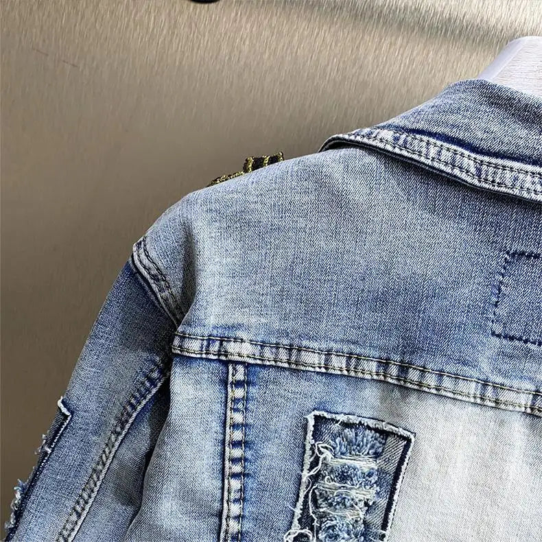 Retro Diamonds Embedding Floral Embroidery Denim Coat Spring Flowers Sequins Appliques Slim Jeans Jacket Cowboy Cardigan Jaqueta SS69