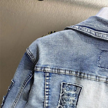 Retro Diamonds Embedding Floral Embroidery Denim Coat Spring Flowers Sequins Appliques Slim Jeans Jacket Cowboy Cardigan Jaqueta SS69