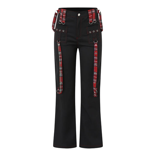 Streetwear Gothic Pants Women High Waist Y2k Punk Harajuku Red Plaid Ribbon Cargo Pants Summer Spring Slim Flare Pants Vintage SS69