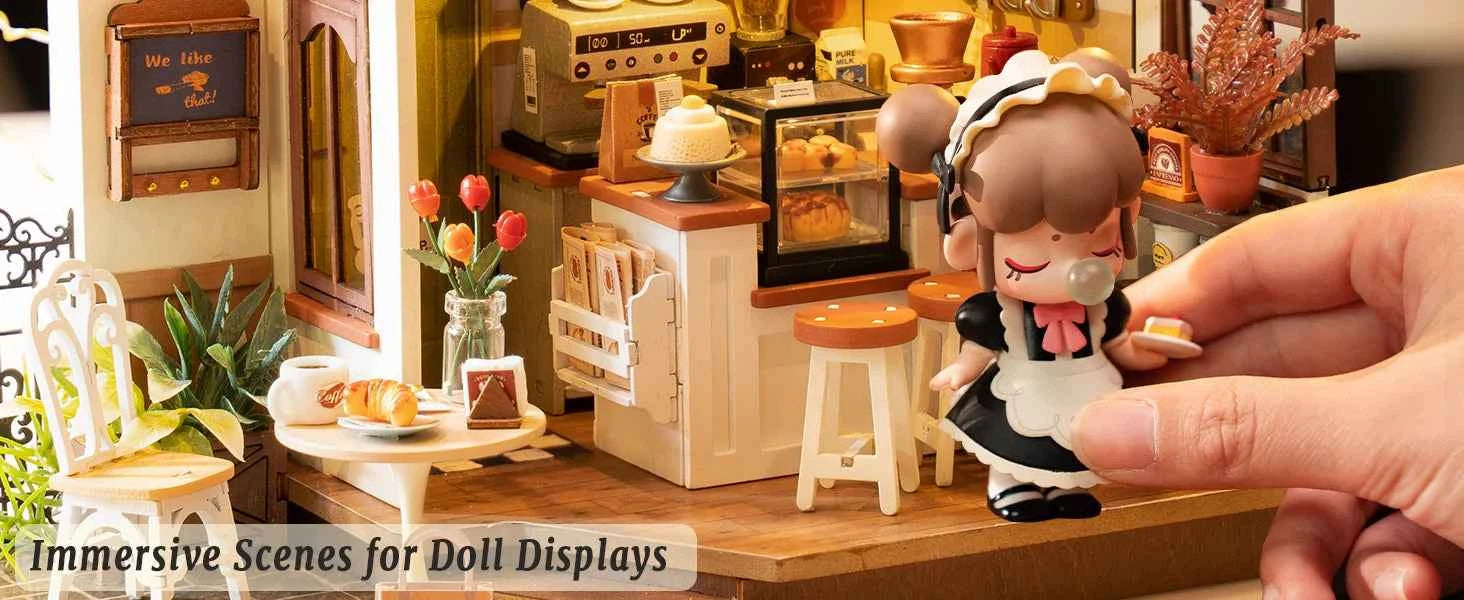 Robotime DIY Wooden Dollhouse Set  NO.17 Coffee Model Building Set with Accessories and LED Model Kit for Adult and Children