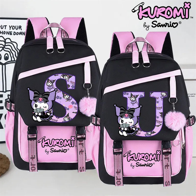 Sanrio Kuromi Large Capacity Backpack for Students Cartoon Letter A-Z Printed Schoolbag Fashion Book Stationery Storage Bag Gift SS69