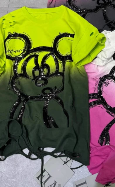 Fashion Heavy Industry Smudge Sequins Cartoon T-shirt Women's Spring and Summer 2025 New Ripped Loose Cotton Short-sleeved Top SS69