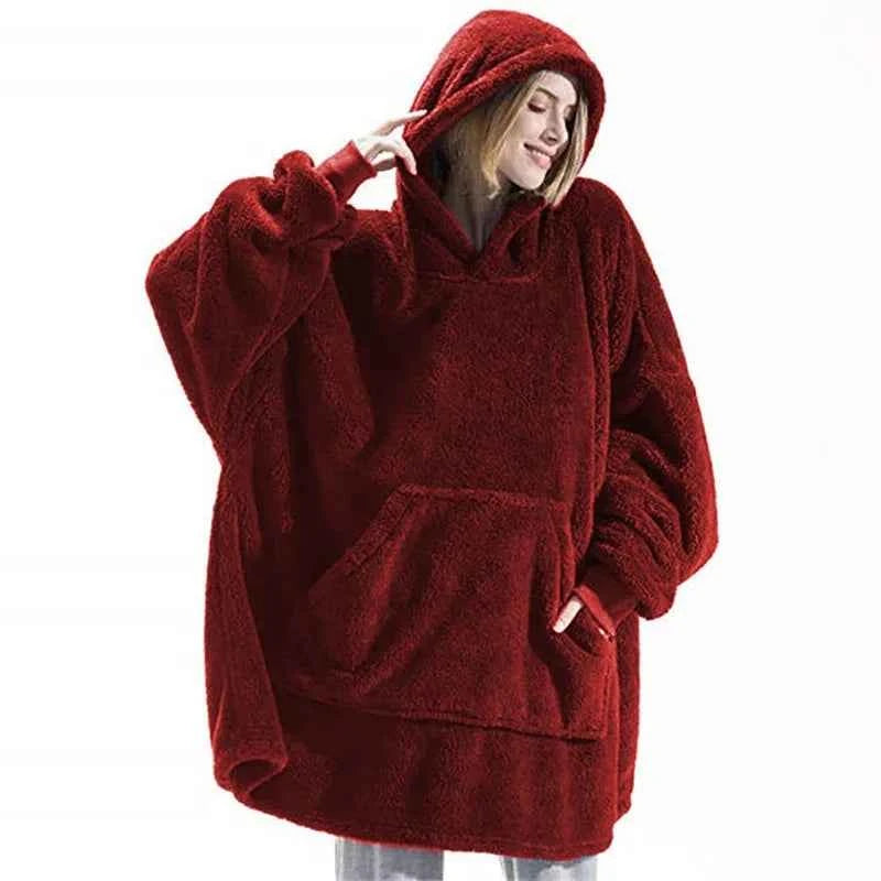 New Winter Women Double-faced Fleece Hoodie Blanket Oversize Large Pocket Warm Couple Loose Sweatshirts Women And Men Robe