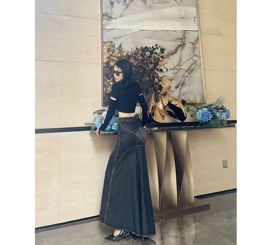 Maxi Skirt Women Casual Mermaid Streatwear High Waist Zipper Denim Skirts Y2k Streetwear Loose Long Mom Jeans Ankle Lenth Summer - SS69