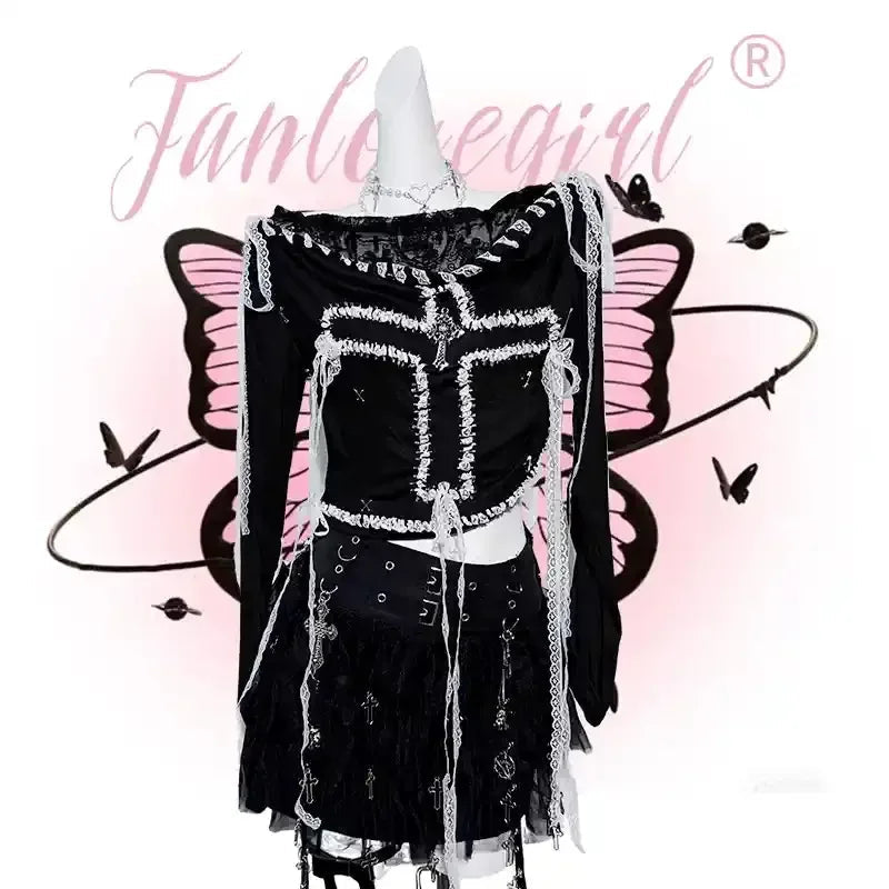 Original Design Punk Rock Cross Patch Long Sleeve Slash Tshirt Gothic Women Subculture Lace Ruffled Holloween Tee Tops Clothing SS69 92.69 new slash neck / L