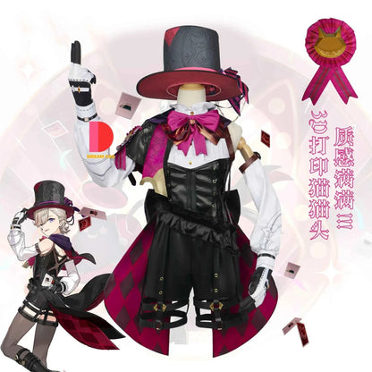 Genshin Impact Fontaine Lyney Cosplay Costume Magician Leather Uniform Short Hair Wig Glove Twins Halloween Carnival Game Outfit