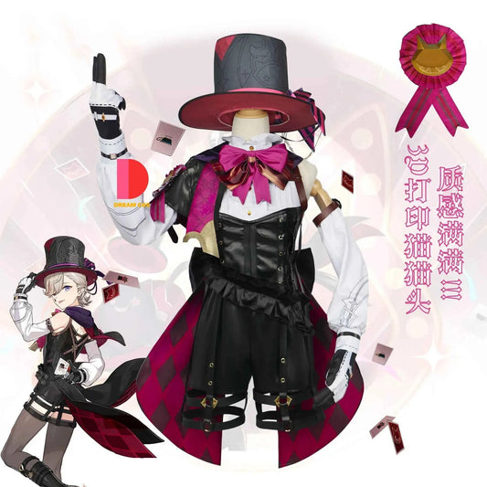 Genshin Impact Fontaine Lyney Cosplay Costume Magician Leather Uniform Short Hair Wig Glove Twins Halloween Carnival Game Outfit