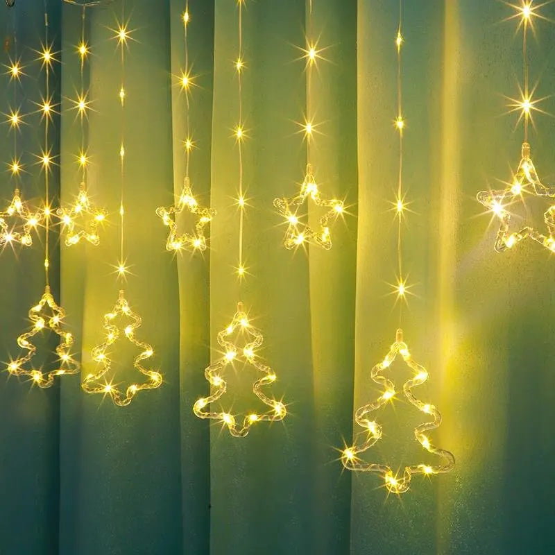 Christmas Curtain Lights LED String Lights with Tree Snowflake Star Deer Bell USB Remote 8 Modes Home Decor