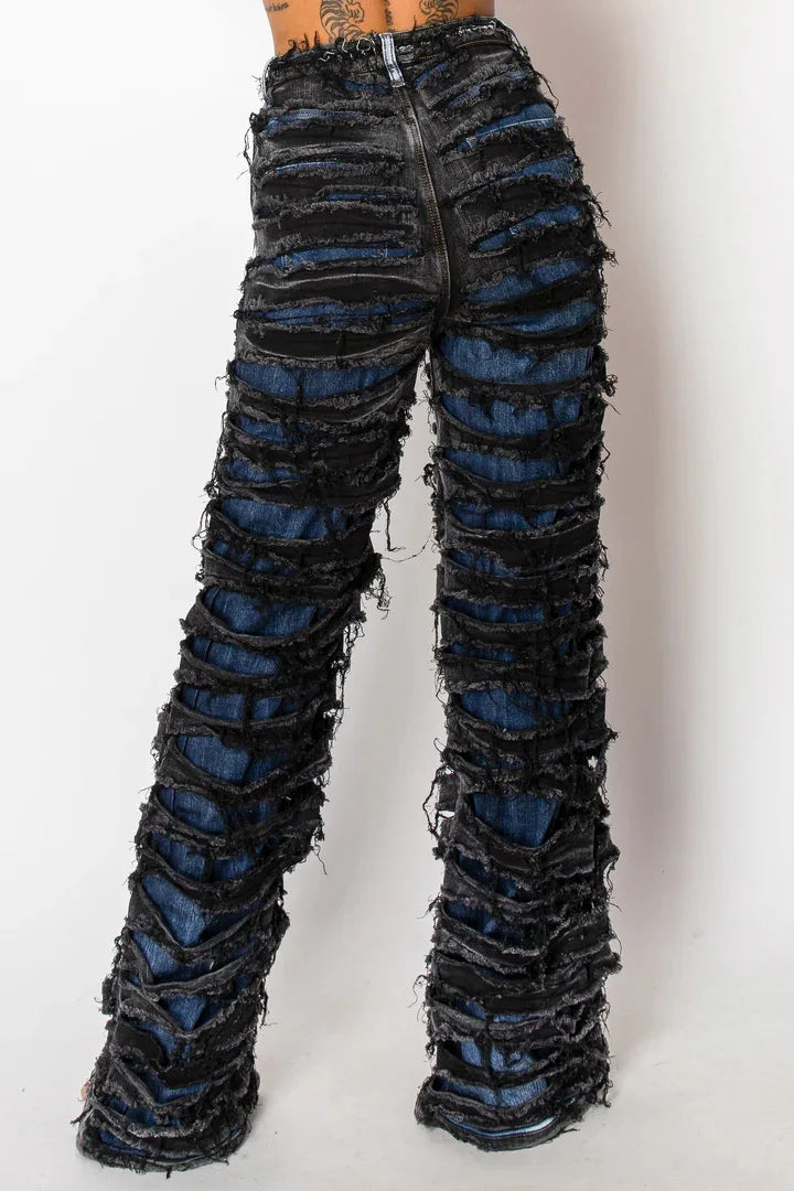 CM.YAYA Street Denim Pants Women Ripped Out Striped High Waist Zipper Jeans 2024 Fall Trousers Streetwear Straight Party Pants SS69