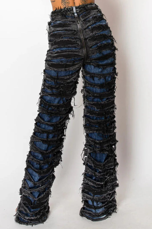 CM.YAYA Street Denim Pants Women Ripped Out Striped High Waist Zipper Jeans 2024 Fall Trousers Streetwear Straight Party Pants SS69