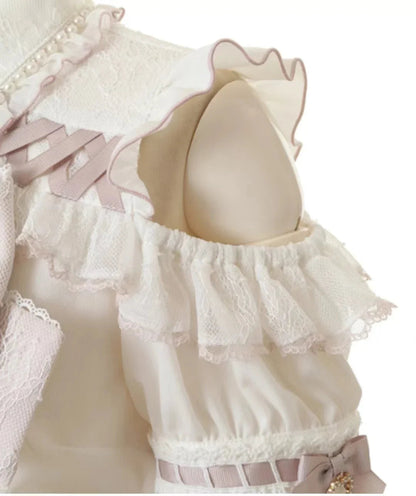 Japanese Liz Mine Women's Shirt Summer Off Shoulder Big Bow Short Sleeve Top Cute Girl BlousesHigh Waist Skirt 2 Piece Skirt Set SS69