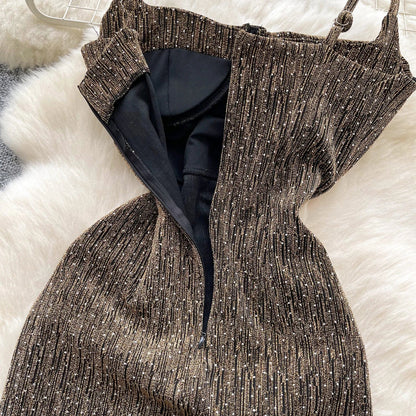 Sexy sleeveless glitter Backless Off Shoulder Fashion Birthday Party Evening Vestido Women Goth Slim Summer Hip Wrap Dress SS69