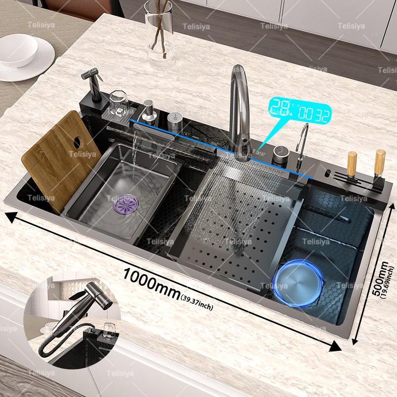 TELISIYAC Stainless Steel Waterfall Kitchen Sink - Large Single Bowl