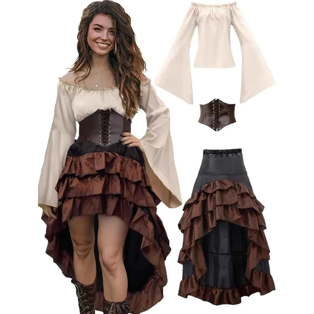 Verceco Pirate Costume Women Outfit with Renaissance Pirate Shirt Skirt Corset Waist Belt Womens Halloween Pirate Costumes