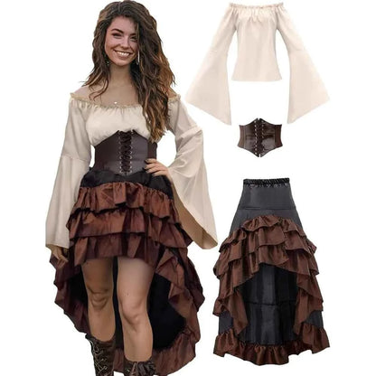 Verceco Pirate Costume Women Outfit with Renaissance Pirate Shirt Skirt Corset Waist Belt Womens Halloween Pirate Costumes