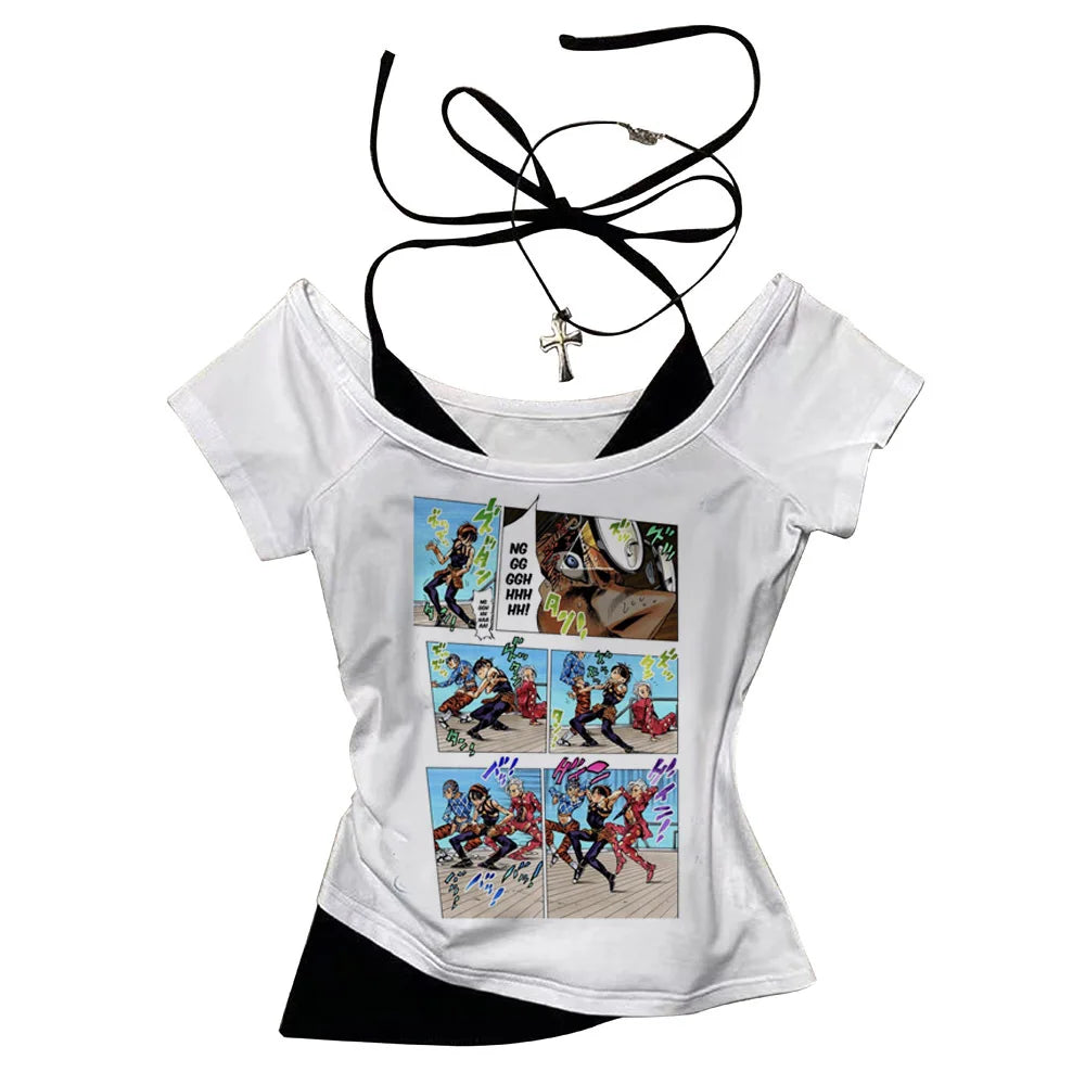 Jojo Bizarre Adventure crop top Aesthetic babydoll Streetwear shoujo girl style Fairy vintage  cropped harajuku woman t-shirt