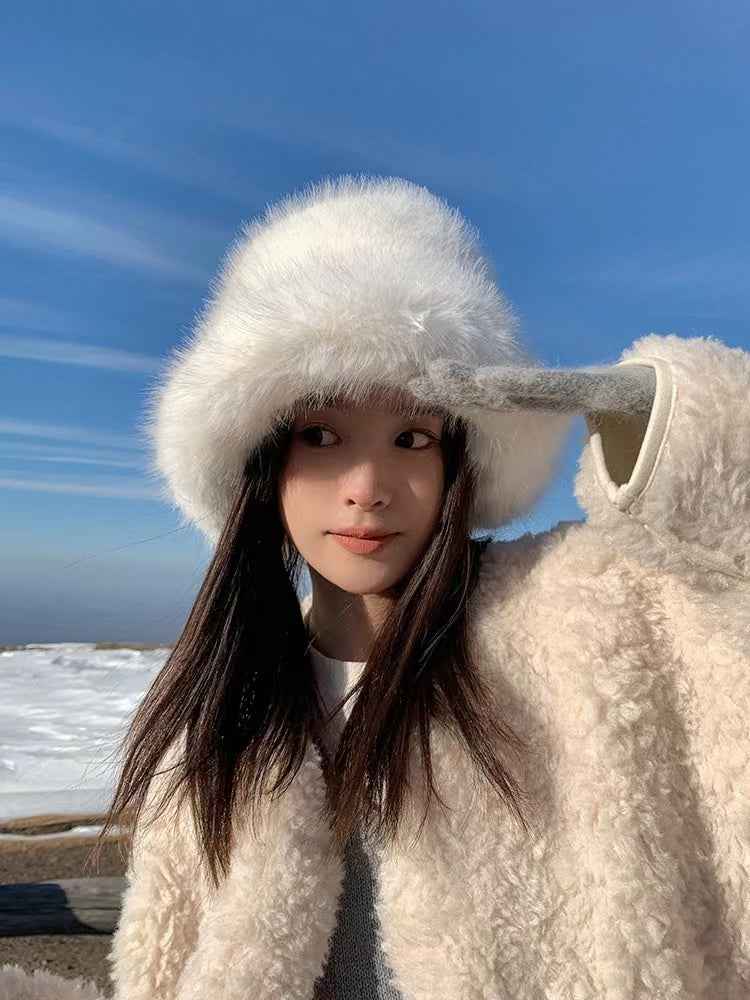 2025 Fluffy Faux Fur Bucket Hats Women Rabbit Fur Warm Thick Plush Winter Hat Lady Fashion Luxury Panama Furry Fisherman Cap Y2k