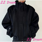 Fashion Short Woolen Coat For Women Stand Collar Full Sleeve Loose Zipper Jacket Female 2025 Spring Autumn Solid Lady Outwear