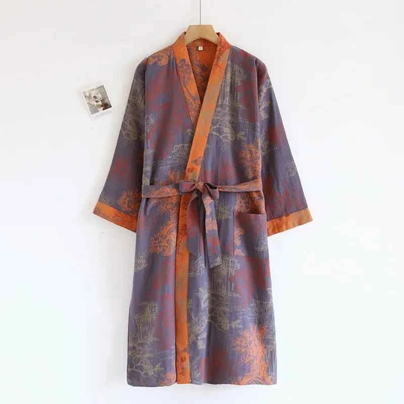 Cotton-colored Woven Jacquard Kimono Robes with Belt Loose Men's Long Sleeve Large Size Yukata Sweat-steamed Clothes