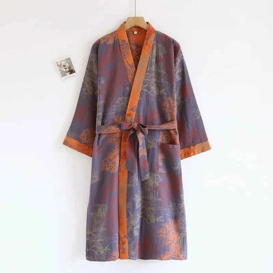 Cotton-colored Woven Jacquard Kimono Robes with Belt Loose Men's Long Sleeve Large Size Yukata Sweat-steamed Clothes