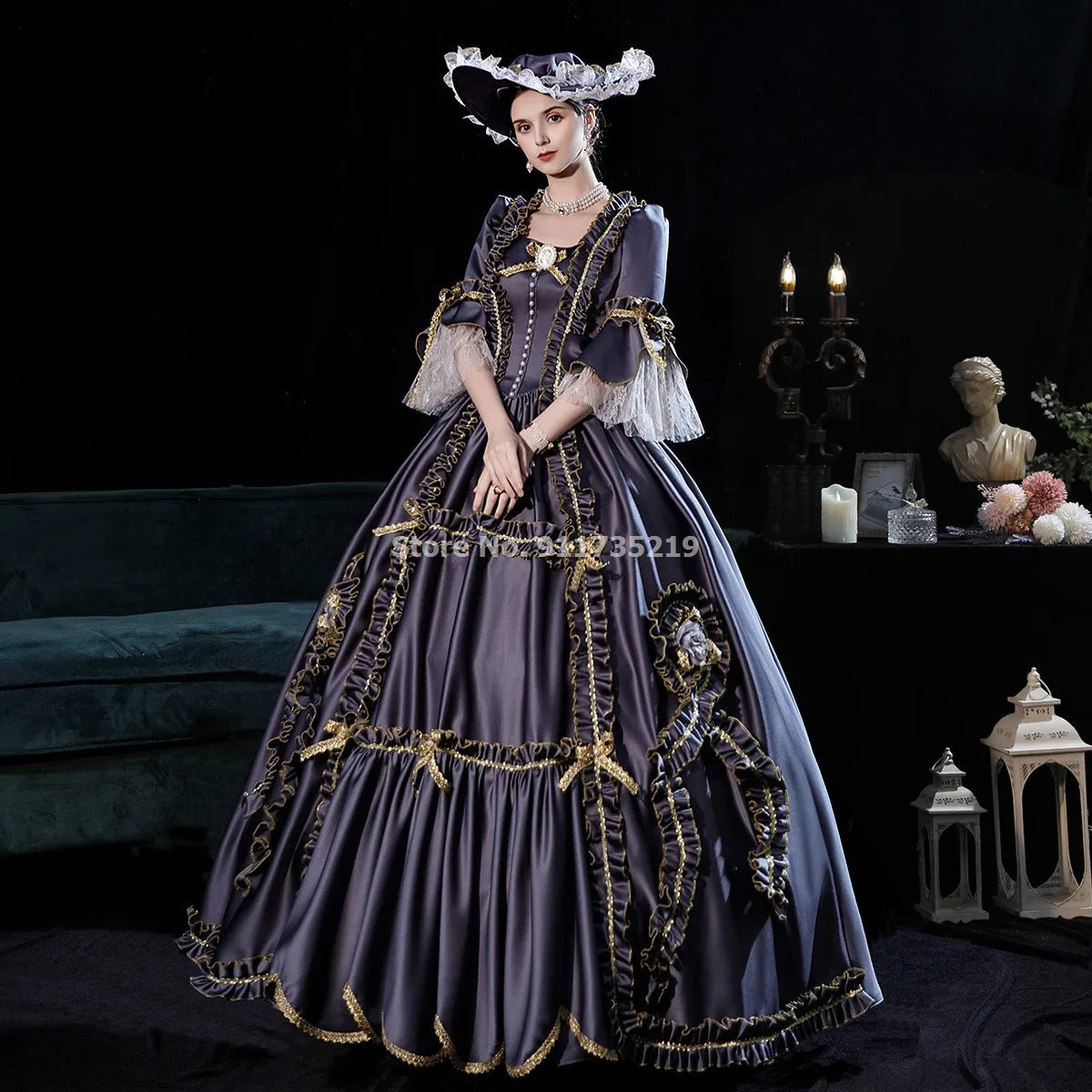 Victorian Masquerade Dresses for Women, Renaissance Dress, 18th Century, Baroque Rococo Marie Antoinette, Historical Clothing SS69 256.69 Gray-2(Include Hat) / XXXL