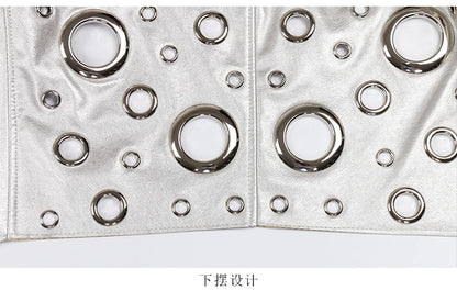 Nerazzurri Spring Autumn Short Hollow Out Pu Leather Jacket Women Rivet Cool Stylish Luxury Designer Clothes Runway Fashion 2024