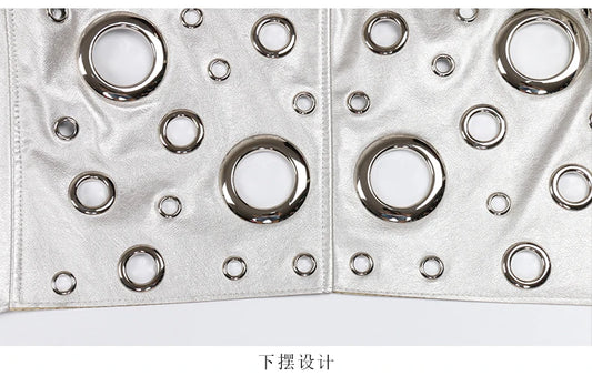 Nerazzurri Spring Autumn Short Hollow Out Pu Leather Jacket Women Rivet Cool Stylish Luxury Designer Clothes Runway Fashion 2024