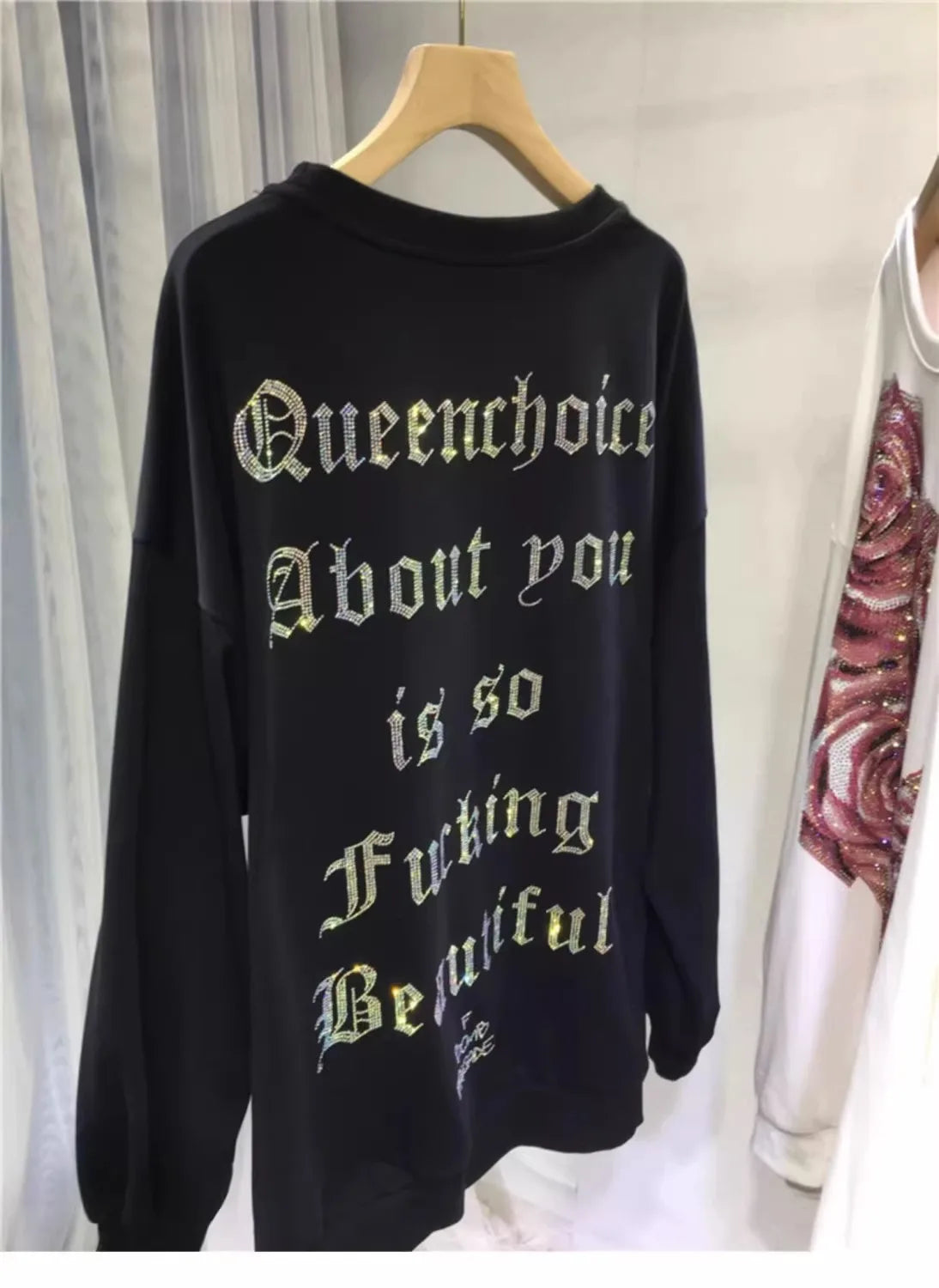 Oversized Rhinestone light luxury rose round-neck long-sleeved top pull-over women's sportswear SS69