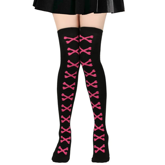 SS69 Women's Bone Print Thigh High Socks - Cotton Blend Cosplay Stockings