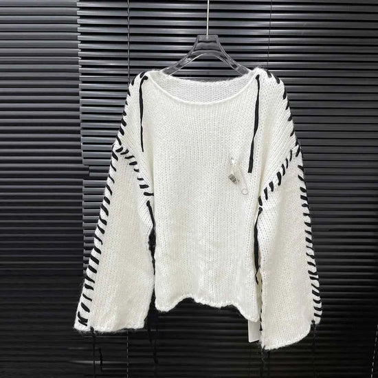 Loose Knitted Long Sleeve Crew Neck Pullover Sweater Fashionable Early Autumn New Style Wear Rope Pin Women's Top