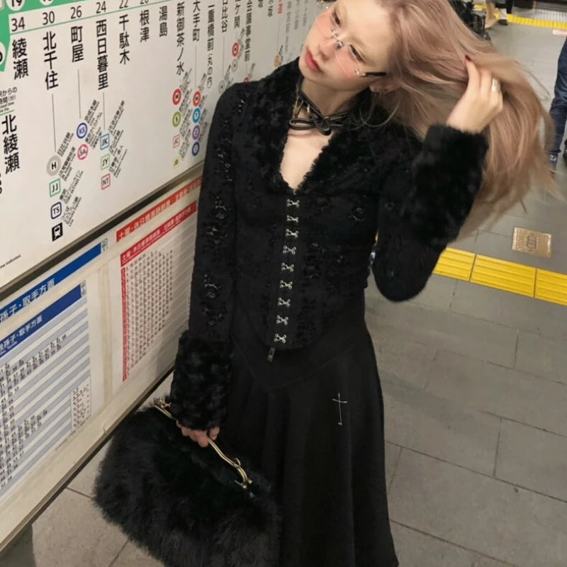 Deeptown Y2k Black Vintage Lace Gothic Women Shirt Harajuku V Neck Hollow Out Long Sleeve Japanese Fashion Blouses Slim Gyaru SS69