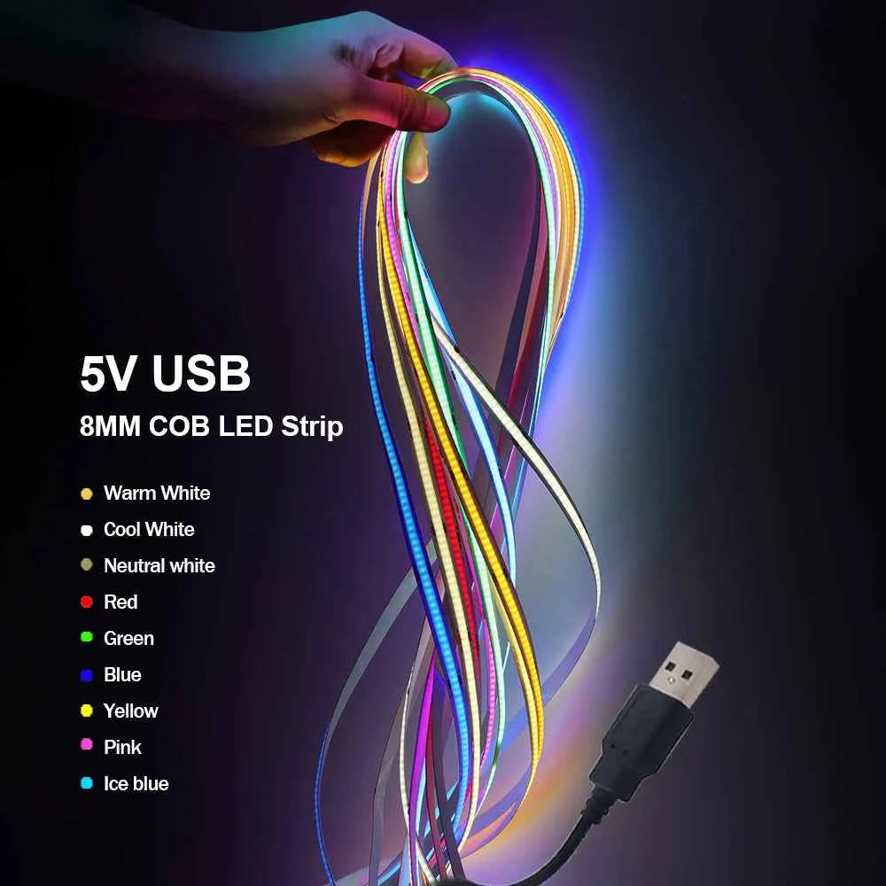 DC 5V USB COB Strip 3MM 5MM 8MM White/Pink/Red/White/Yellow/Yellow/Ice Blue/Green Flexible Ribbon Rope Home Decor TV Backlight