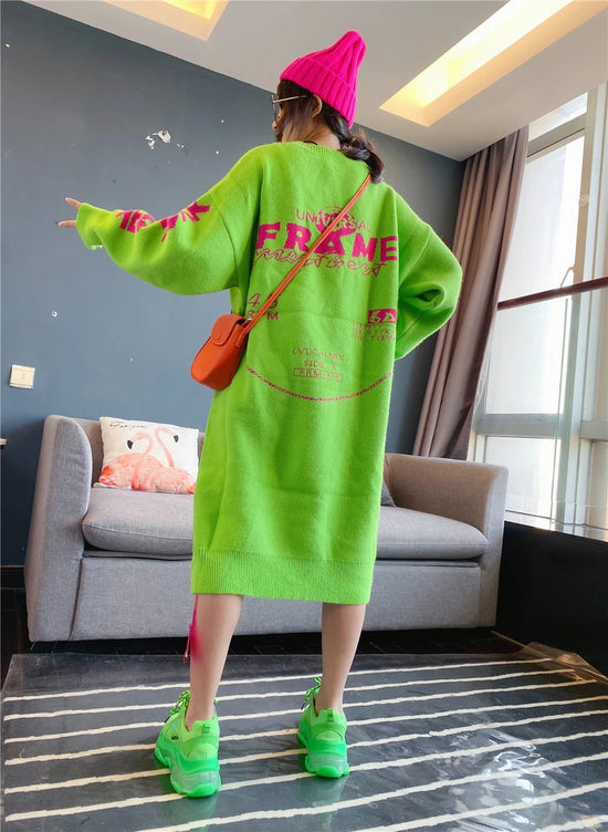Korean Long-Sleeved Pullover Sweater Loose Fashion Women Autumn Winter Cartoon Embroidered Thickened Long Section Knitted Top SS69