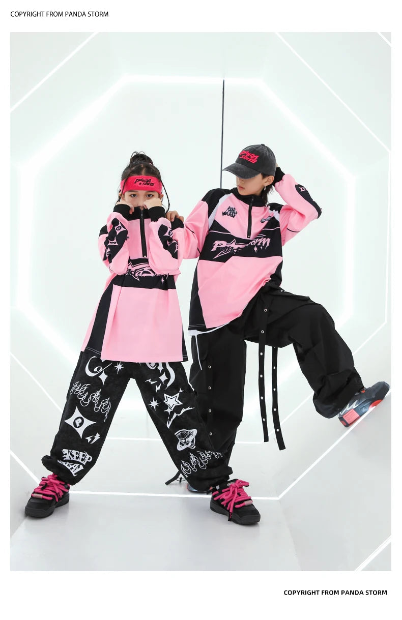 Hip Hop Dance Costume for Girls Pink Tops Black Pants Teenagers Boys Jazz Dance Performance Clothes Kpop Outfits Kids Stage Wear SS69