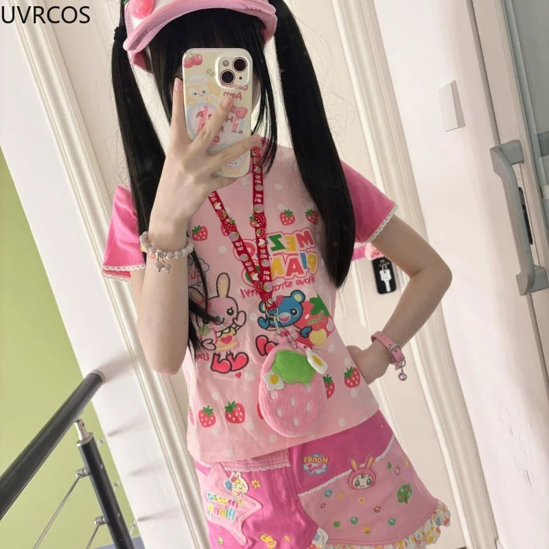 Y2k Aesthetics Cartoon Print Women T-shirt Japanese Kawaii E-girl Contrast Color Cute Strawberry Tees Fairy Grunge Tshirts Tops - SS69