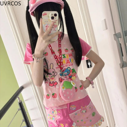 Y2k Aesthetics Cartoon Print Women T-shirt Japanese Kawaii E-girl Contrast Color Cute Strawberry Tees Fairy Grunge Tshirts Tops - SS69