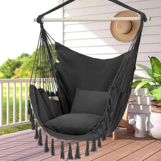 Macrame Hanging Chair with 2 Pillows | 500lb Capacity Cotton Rope Swing | Pocket Design Indoor/Outdoor Use