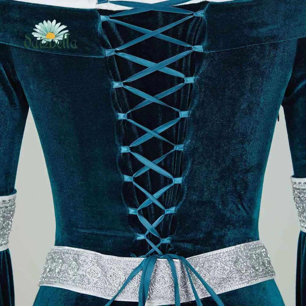 DAIZBELLA Women's Medieval Renaissance Costume Elf Style Off Shoulder Green Velvet Long Slim-fit Dress with Chiffon Sleeves