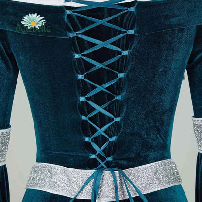 DAIZBELLA Women's Medieval Renaissance Costume Elf Style Off Shoulder Green Velvet Long Slim-fit Dress with Chiffon Sleeves