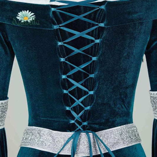 DAIZBELLA Women's Medieval Renaissance Costume Elf Style Off Shoulder Green Velvet Long Slim-fit Dress with Chiffon Sleeves